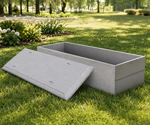 Basic unlined concrete burial vault with its lid resting upright against the side on a green lawn
